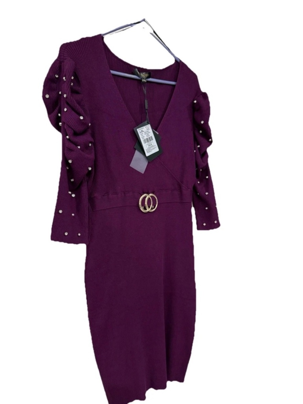 NWT Knit Ribbed Belted Midi Dress with Embellished Sleeves Statement Wine - Picture 2 of 7
